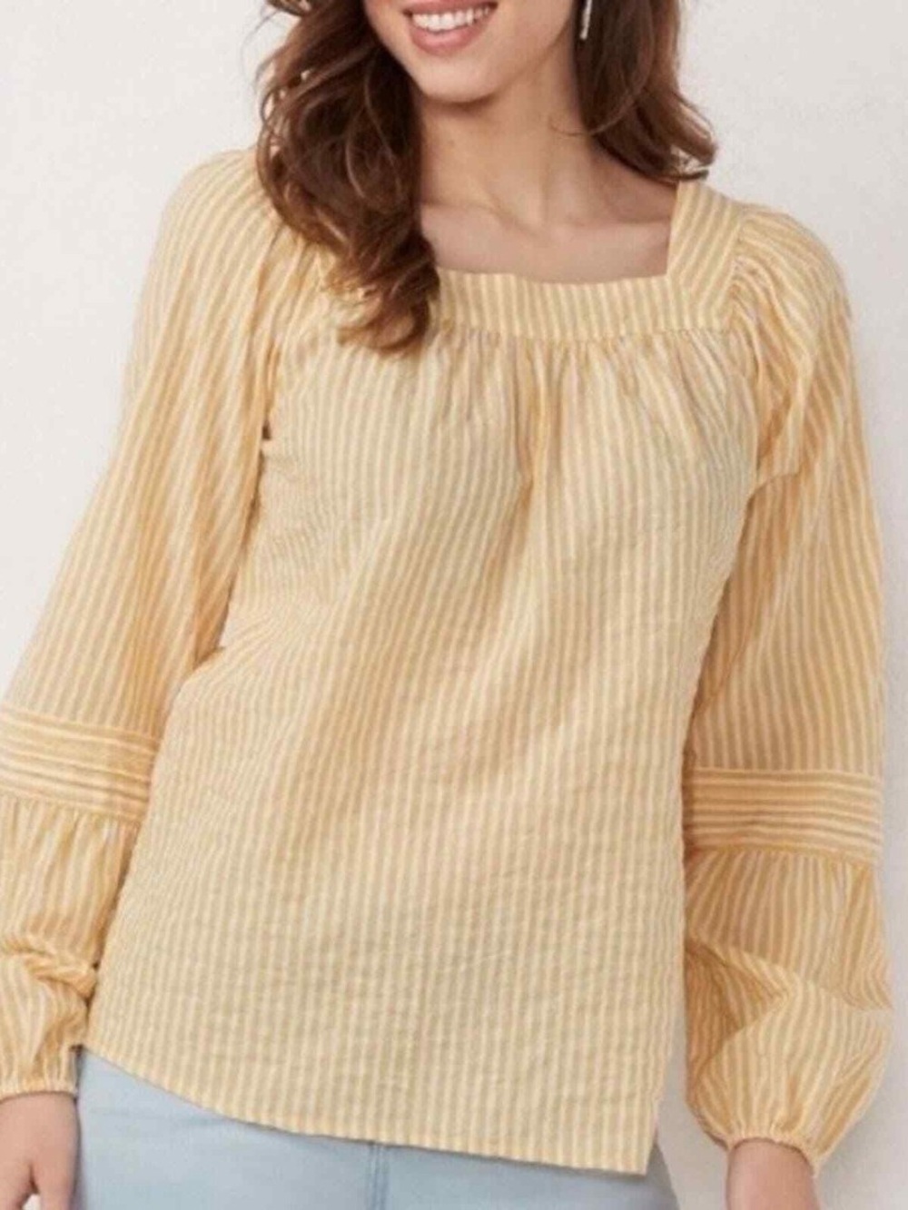 LC LAUREN CONRAD | Yellow Striped Square-Neck Blouse.